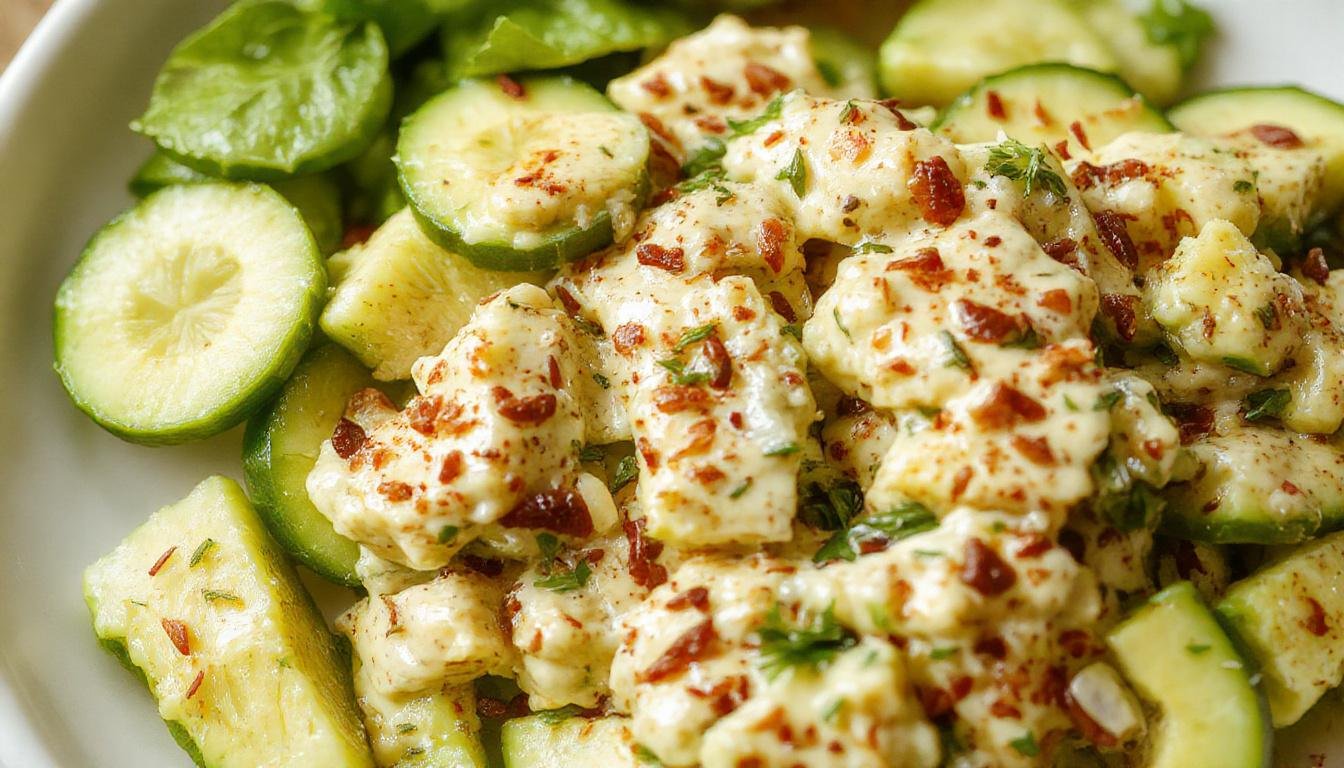 A vibrant bowl of cucumber and avocado salad featuring fresh sliced cucumbers and creamy avocado chunks, garnished with herbs, presented on a white plate with a light drizzle of dressing, capturing the freshness and coolness of the summer dish.