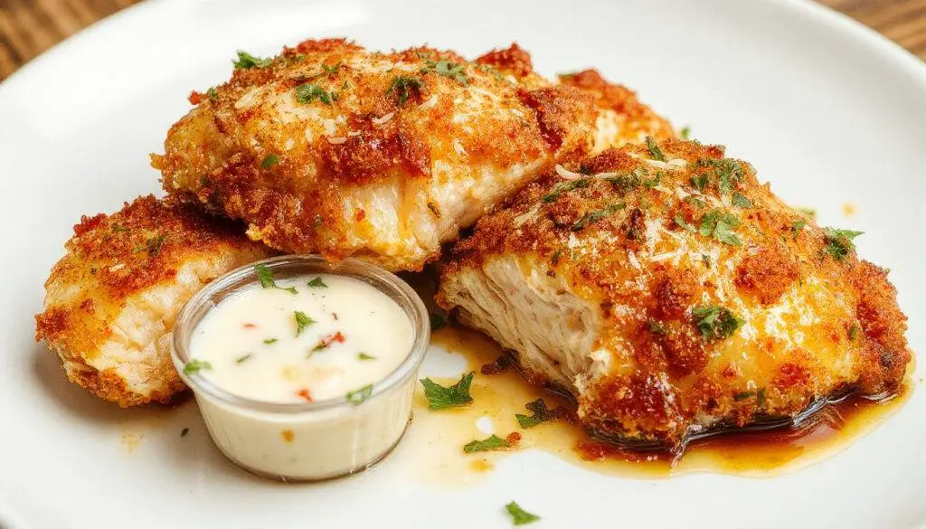 A golden-brown Parmesan crusted chicken breast served on a white plate, garnished with fresh parsley and lemon wedges, with a crispy texture and cheesy appearance