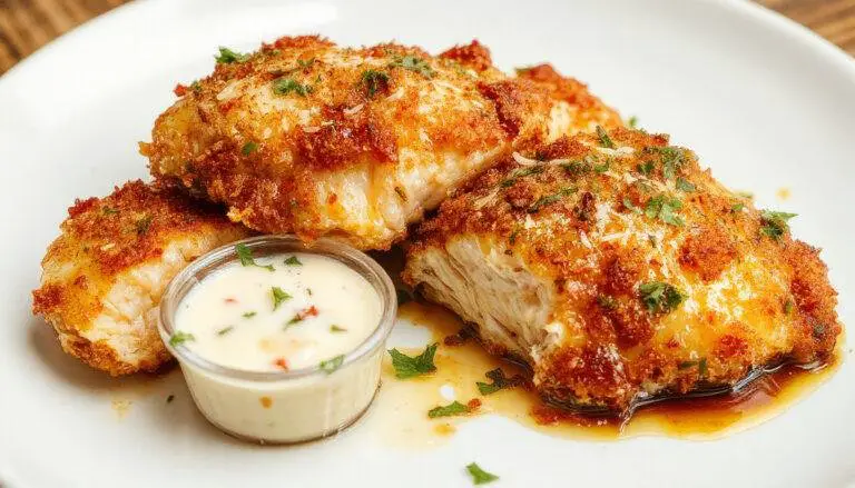 A golden-brown Parmesan crusted chicken breast served on a white plate, garnished with fresh parsley and lemon wedges, with a crispy texture and cheesy appearance