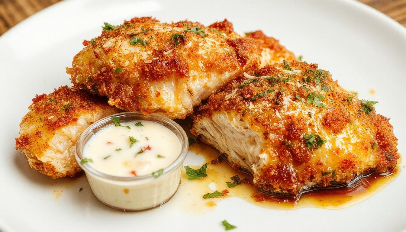 A golden-brown Parmesan crusted chicken breast served on a white plate, garnished with fresh parsley and lemon wedges, with a crispy texture and cheesy appearance