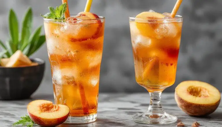 A tall, clear glass filled with golden peach iced tea, ice cubes floating on top, garnished with a slice of fresh peach and a sprig of mint, condensation beads on the outside of the glass, set against a bright, summery background.