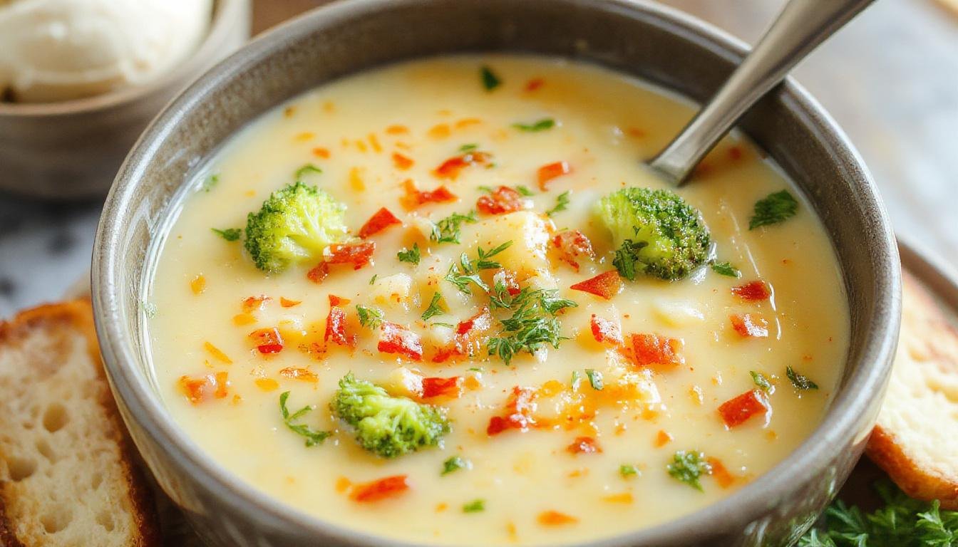 A steaming bowl of creamy broccoli cheddar soup garnished with shredded cheese and fresh chopped chives, served in a rustic white bowl on a wooden surface with a bread roll on the side.