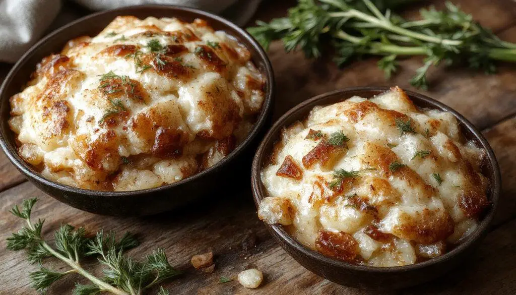 A close-up of a golden-brown toasted rice casserole topped with caramelized onions and melted cheese, served in a rustic ceramic dish with steam gently rising, highlighting the cheesy, crispy crust and tender rice beneath.