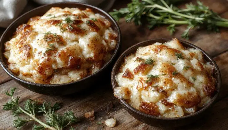 A close-up of a golden-brown toasted rice casserole topped with caramelized onions and melted cheese, served in a rustic ceramic dish with steam gently rising, highlighting the cheesy, crispy crust and tender rice beneath.