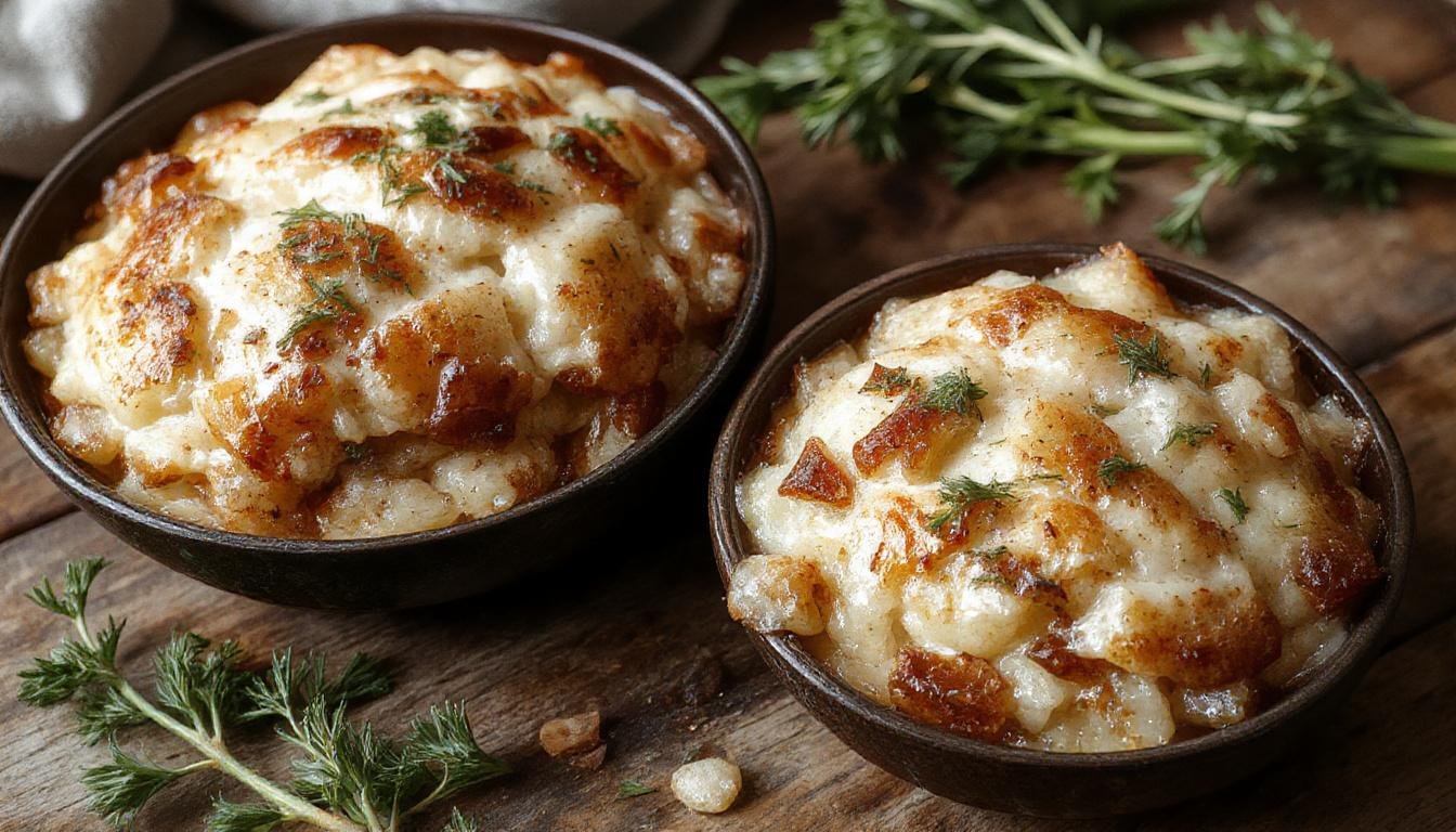 A close-up of a golden-brown toasted rice casserole topped with caramelized onions and melted cheese, served in a rustic ceramic dish with steam gently rising, highlighting the cheesy, crispy crust and tender rice beneath.