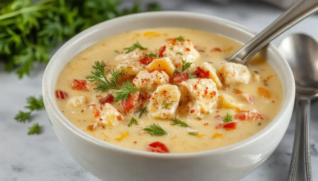 A steaming bowl of creamy chicken noodle soup with tender shredded chicken, thick noodles, and vibrant vegetables, garnished with fresh herbs, served in a rustic bowl on a wooden table.