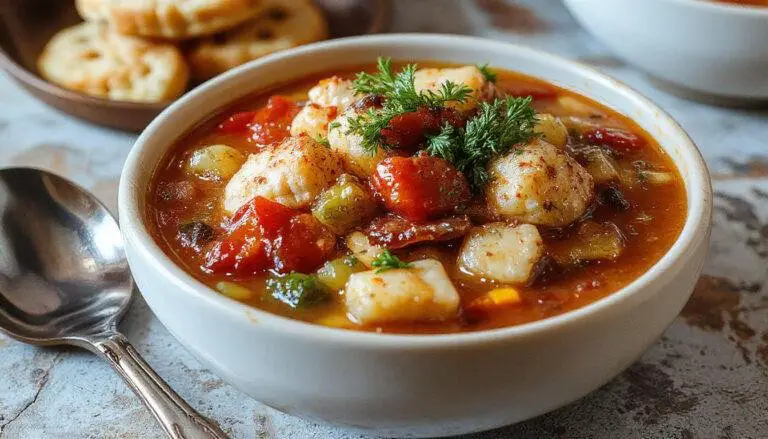 A warm, inviting bowl of hearty chicken and vegetable stew topped with fresh herbs. The stew contains chunks of tender chicken, carrots, potatoes, and green beans in a rich, thick broth, served with a side of crusty bread. The presentation emphasizes the rich textures and vibrant colors of the vegetables and meat.