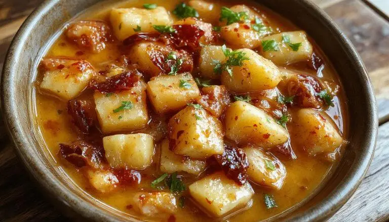 A bowl of vibrant Persian potato curry featuring golden-yellow potatoes immersed in a rich, spiced tomato-based sauce. Garnished with fresh herbs and served alongside warm, fluffy bread, the dish exudes warmth and rustic charm.