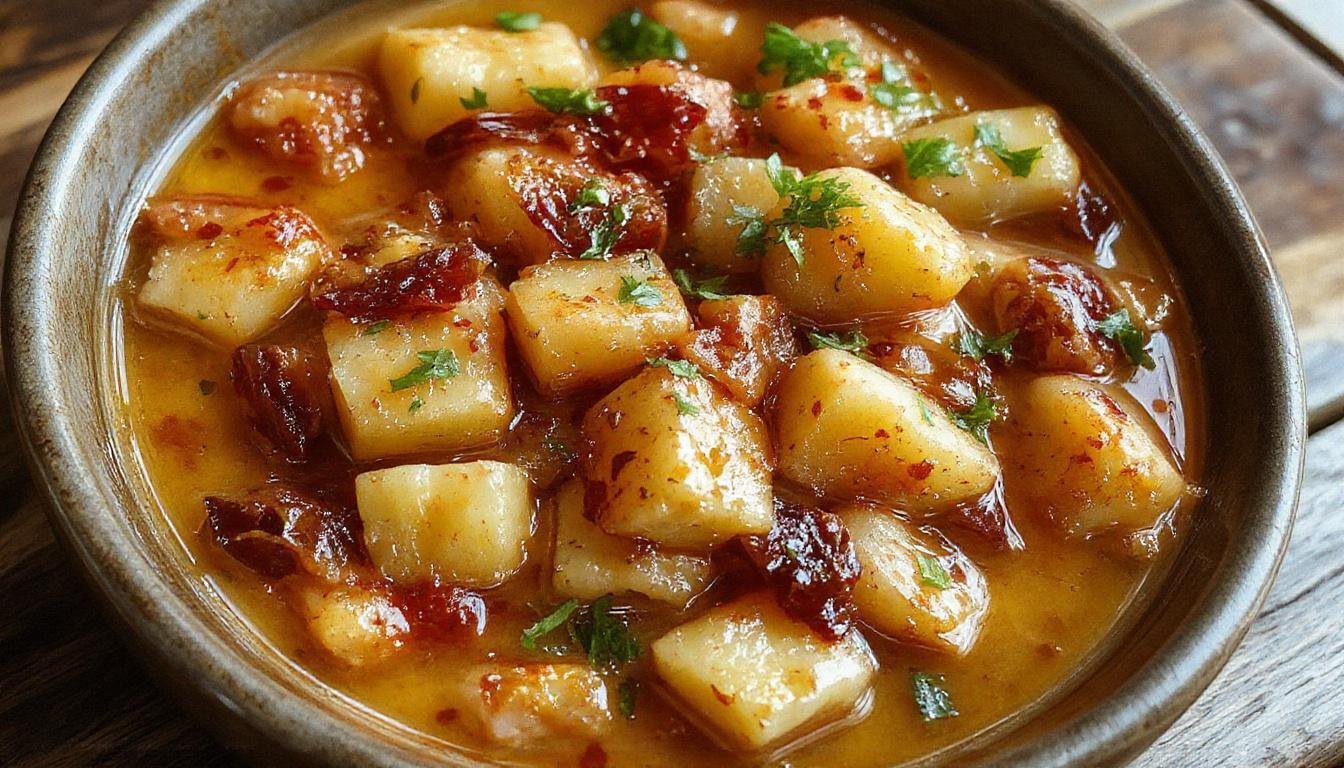 A bowl of vibrant Persian potato curry featuring golden-yellow potatoes immersed in a rich, spiced tomato-based sauce. Garnished with fresh herbs and served alongside warm, fluffy bread, the dish exudes warmth and rustic charm.