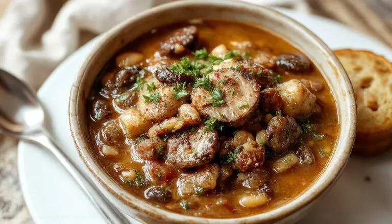 A rustic bowl of vegan lentil mushroom stew garnished with chopped herbs. The stew has a rich, thick texture with visible chunks of lentils and sautéed mushrooms, served on a wooden table with a spoon and fresh bread in the background.