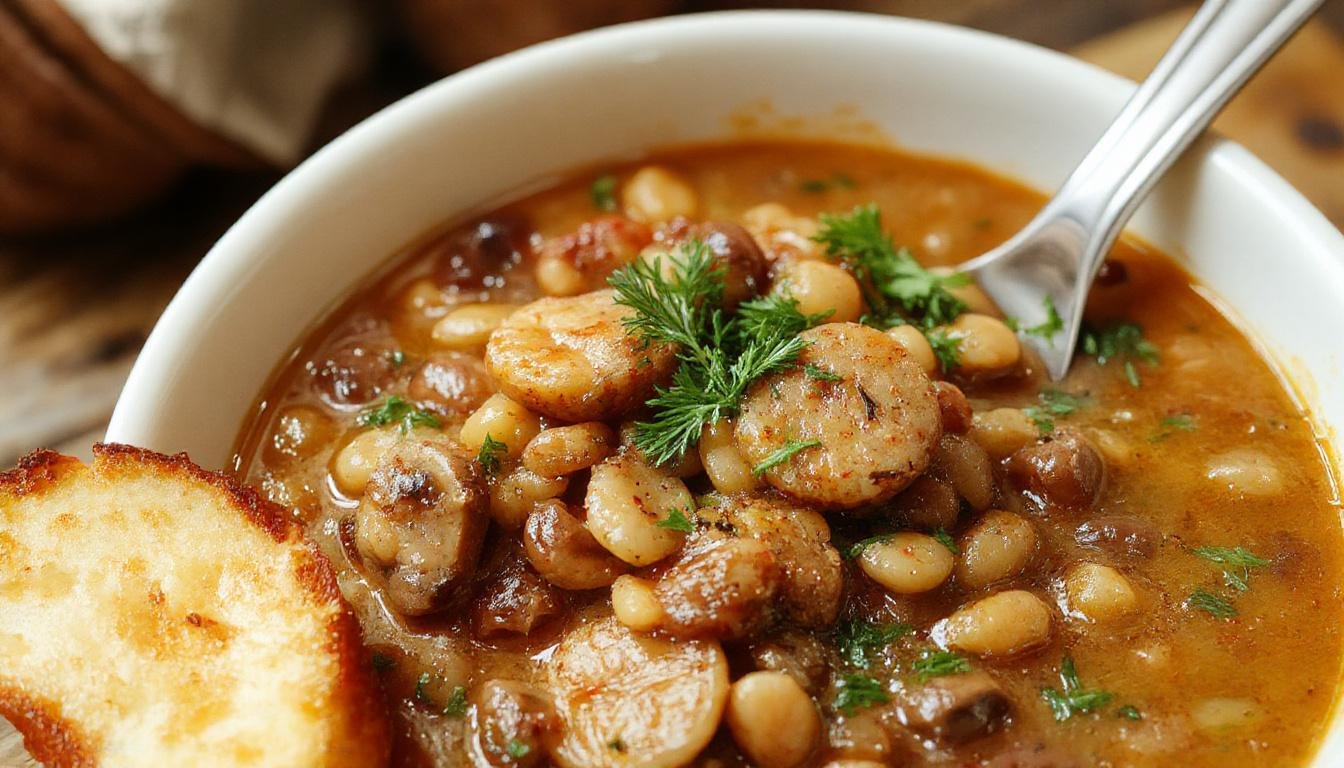 A steaming bowl of vegan lentil and mushroom stew, featuring tender lentils, sliced mushrooms, and chopped herbs in a rustic ceramic bowl, garnished with fresh parsley, steam rising, with a dark wooden background and a spoon resting beside the bowl.