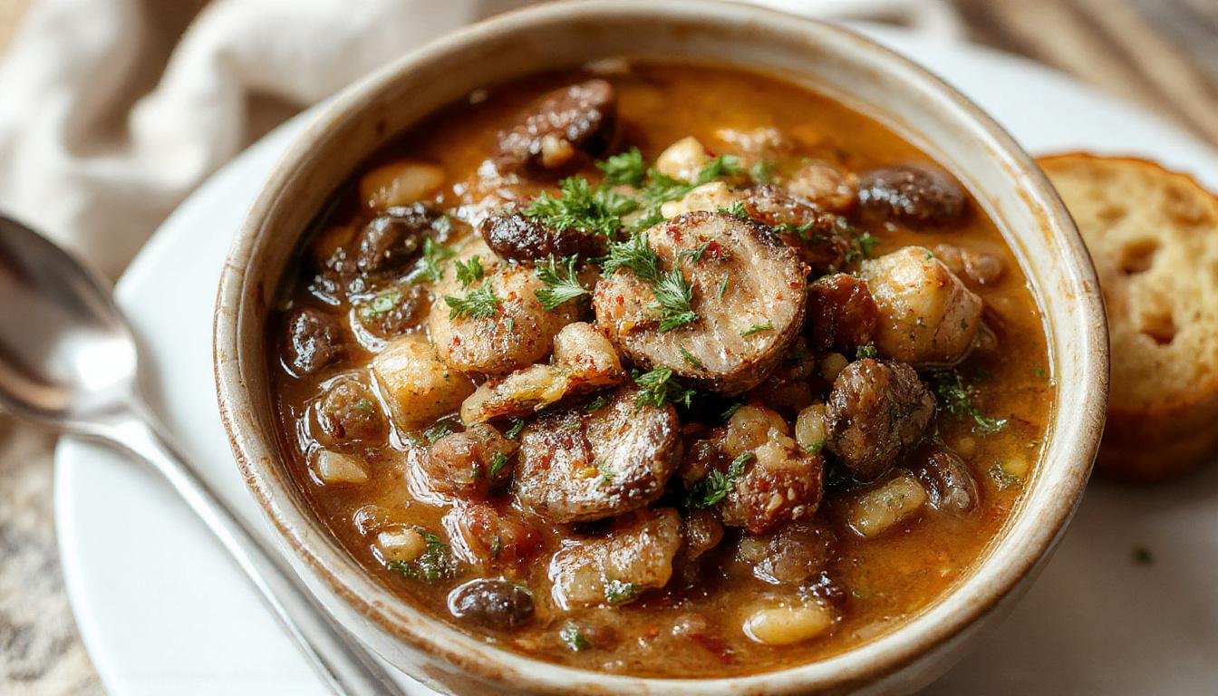 A rustic bowl of vegan lentil mushroom stew garnished with chopped herbs. The stew has a rich, thick texture with visible chunks of lentils and sautéed mushrooms, served on a wooden table with a spoon and fresh bread in the background.