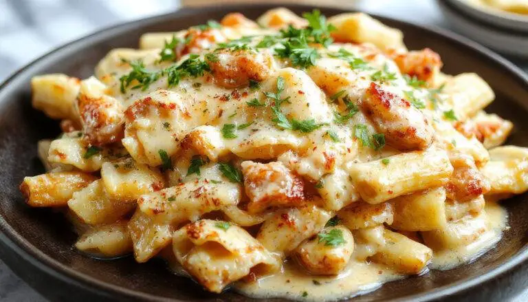A close-up of a creamy chicken penne pasta dish served on a white plate. The pasta is coated in a rich, velvety sauce with tender pieces of shredded chicken, garnished with chopped green onions and melted cheese. The dish is presented casually, highlighting the textures of the pasta and the glossy sauce, evoking a warm, comforting vibe.