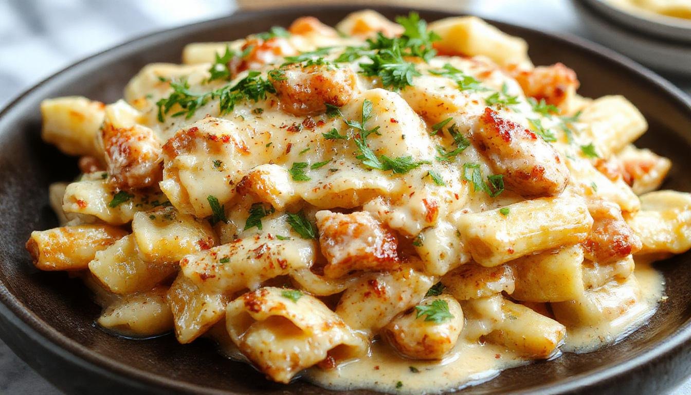 A close-up of a creamy chicken penne pasta dish served on a white plate. The pasta is coated in a rich, velvety sauce with tender pieces of shredded chicken, garnished with chopped green onions and melted cheese. The dish is presented casually, highlighting the textures of the pasta and the glossy sauce, evoking a warm, comforting vibe.
