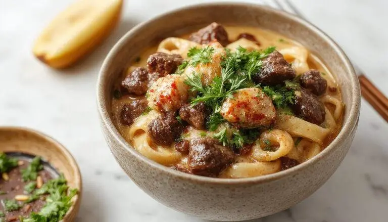 A close-up of a bowl of creamy beef noodles topped with chopped green onions and a sprinkle of pepper. The noodles are coated in a rich, velvety sauce with tender beef pieces visible. The bowl is ceramic with a rustic design, set on a wooden table with a fork partially submerged in the dish. The vibrant colors and creamy texture make it look warm and inviting.
