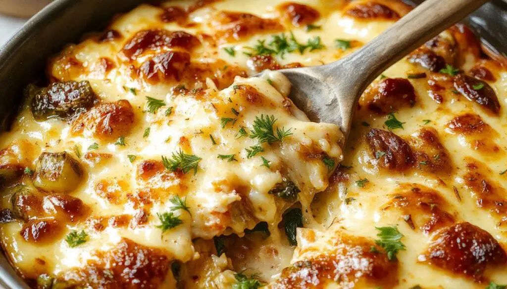 A warm slice of creamy and cheesy veggie bake placed on a rustic ceramic plate, showcasing a golden-brown crust, melted cheese bubbling on top, and colorful vegetable chunks underneath. The dish is garnished with fresh herbs, and the background features a softly blurred wooden table with a side of green salad.