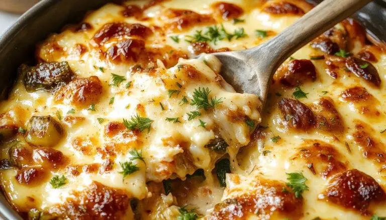 A warm slice of creamy and cheesy veggie bake placed on a rustic ceramic plate, showcasing a golden-brown crust, melted cheese bubbling on top, and colorful vegetable chunks underneath. The dish is garnished with fresh herbs, and the background features a softly blurred wooden table with a side of green salad.