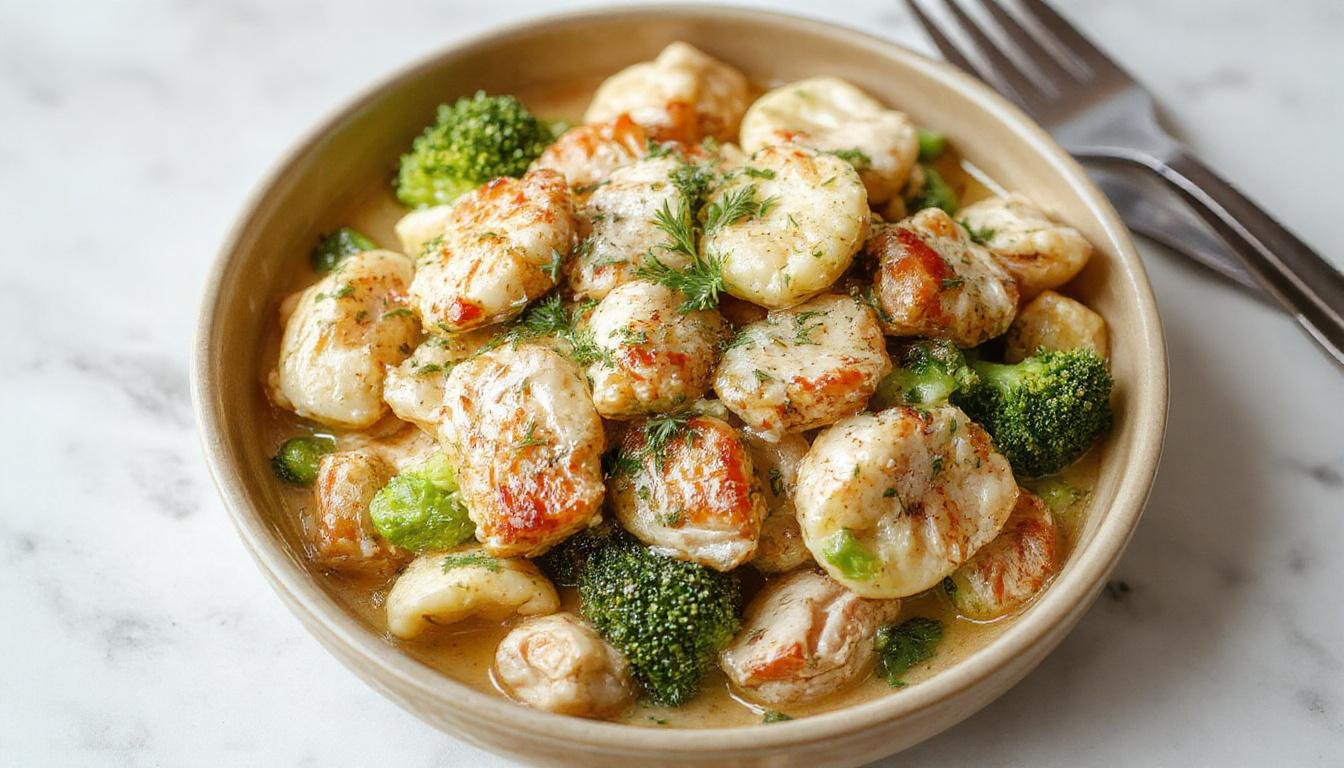 A close-up of a creamy tortellini dish with vibrant green broccoli florets and tender pieces of chicken in a rich, cheesy sauce, plated elegantly with a sprinkle of herbs.