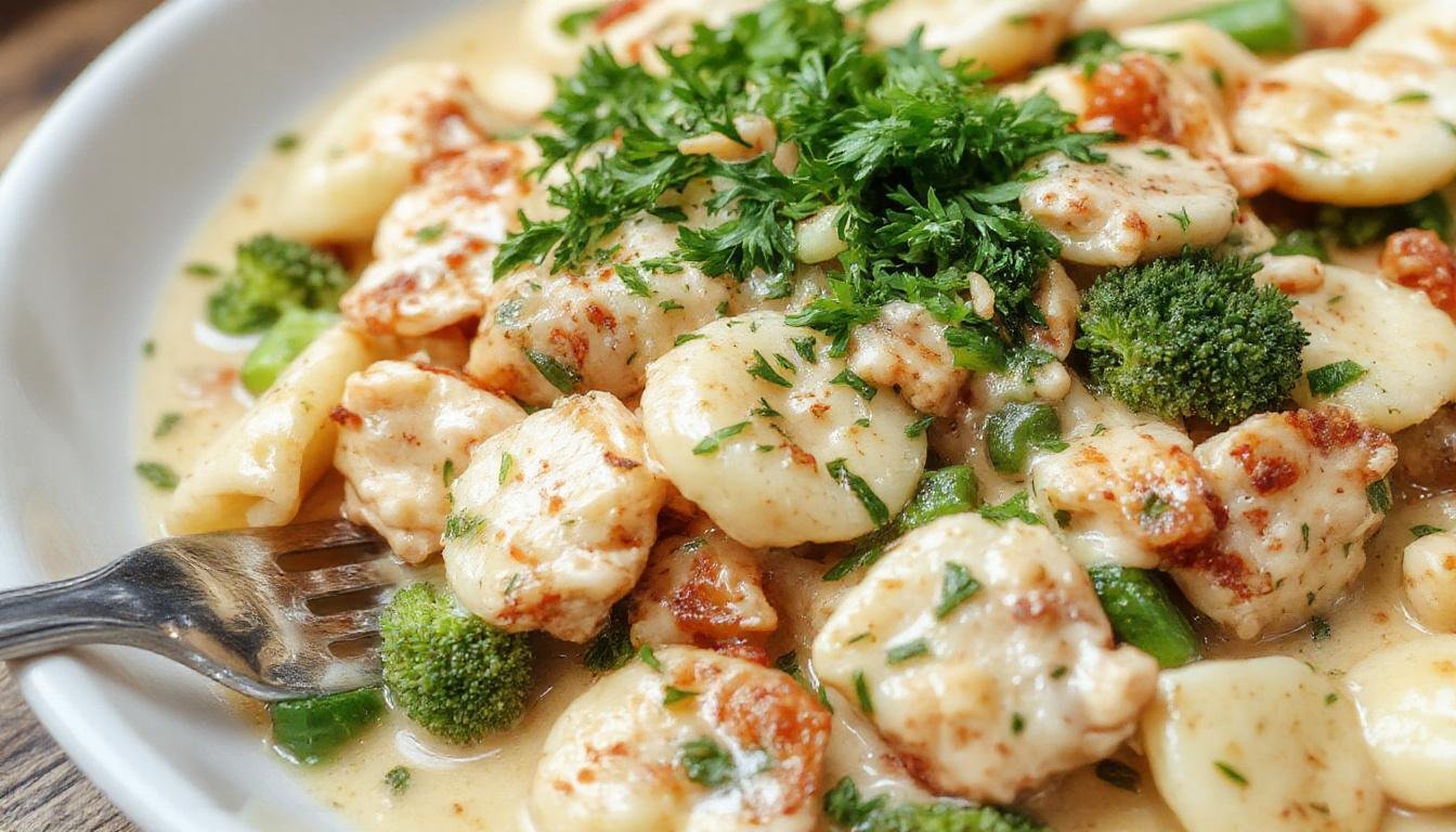 A vibrant skillet featuring golden-brown pieces of chicken, tender green broccoli florets, and plump tortellini coated in a creamy sauce, garnished with freshly chopped herbs and a sprinkle of Parmesan, all arranged invitingly on a rustic wooden surface.