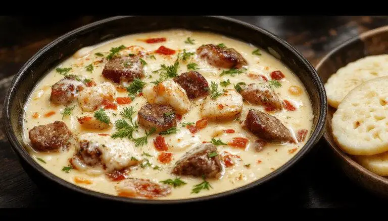 A vibrant close-up of a creamy chicken sausage orzo skillet showing plump orzo pasta coated in a rich sauce, topped with sliced grilled chicken sausage and fresh herbs, presented in a rustic white bowl.