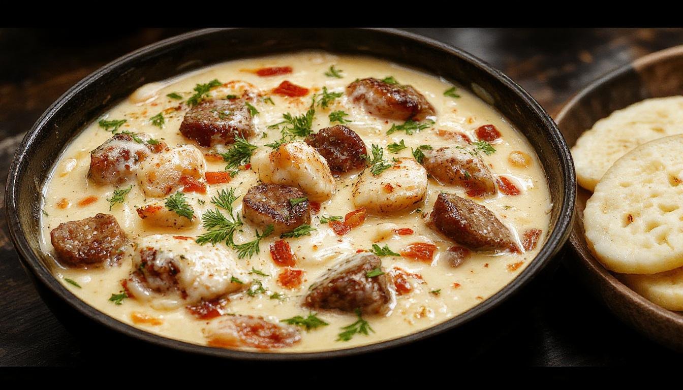 A vibrant close-up of a creamy chicken sausage orzo skillet showing plump orzo pasta coated in a rich sauce, topped with sliced grilled chicken sausage and fresh herbs, presented in a rustic white bowl.