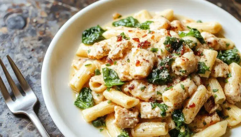 A close-up image of a creamy chicken spinach penne dish served in a white bowl. The penne pasta is coated in a rich, velvety sauce with tender pieces of chicken and fresh spinach leaves. Garnished with a sprinkle of grated Parmesan cheese and finely chopped herbs, the vibrant green spinach contrasts beautifully with the creamy sauce and golden pasta, creating an inviting and appetizing presentation.