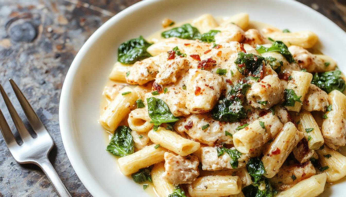 A close-up image of a creamy chicken spinach penne dish served in a white bowl. The penne pasta is coated in a rich, velvety sauce with tender pieces of chicken and fresh spinach leaves. Garnished with a sprinkle of grated Parmesan cheese and finely chopped herbs, the vibrant green spinach contrasts beautifully with the creamy sauce and golden pasta, creating an inviting and appetizing presentation.