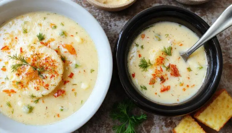 A steaming bowl of creamy broccoli cheddar potato soup topped with shredded cheddar cheese, fresh broccoli florets, and a sprinkle of herbs, with a rustic spoon resting on a wooden table.