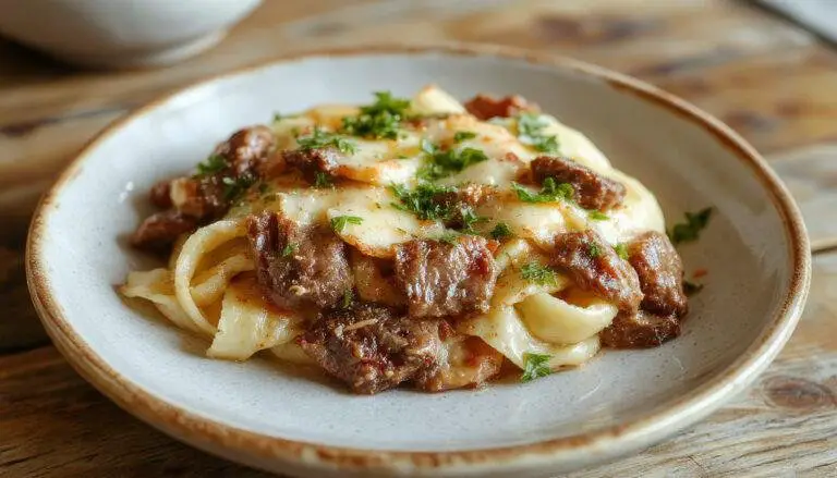 A close-up of a creamy beef pasta dish served on a white plate. The pasta is coated in a rich, creamy sauce, topped with tender beef slices, garnished with chopped parsley. The dish features a golden brown garlic bread on the side, and the background shows a rustic wooden table with garlic cloves and fresh herbs.