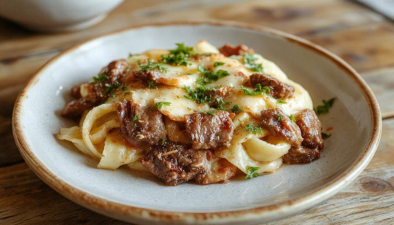 A close-up of a creamy beef pasta dish served on a white plate. The pasta is coated in a rich, creamy sauce, topped with tender beef slices, garnished with chopped parsley. The dish features a golden brown garlic bread on the side, and the background shows a rustic wooden table with garlic cloves and fresh herbs.