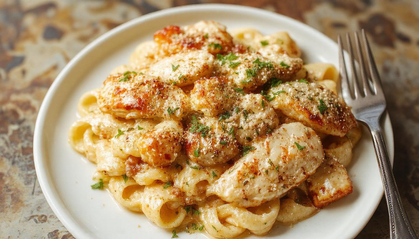A close-up of a creamy garlic parmesan chicken pasta dish served in a rustic white bowl. The pasta is coated in a rich, velvety sauce with visible specks of grated parmesan, garnished with chopped parsley. Tender chicken bites are nestled atop the pasta, showcasing a golden-brown exterior. The dish is set against a wooden table with a background of fresh garlic cloves and herbs, highlighting the savory and comforting appeal.