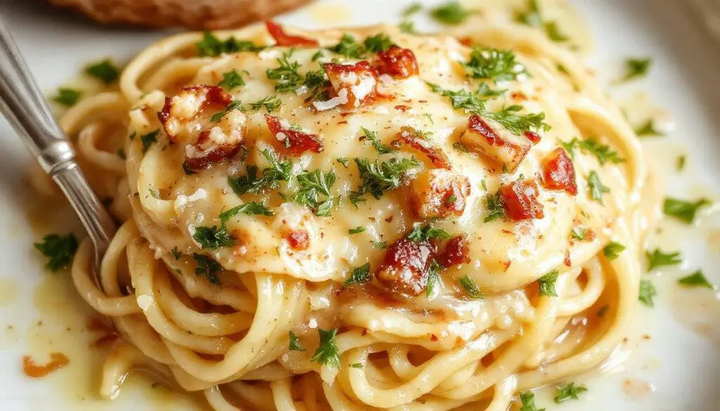 A close-up of a white plate filled with creamy garlic Parmesan spaghetti, topped with freshly grated Parmesan cheese and chopped parsley. The pasta is coated in a rich, velvety sauce with visible garlic bits and a sprinkle of herbs, creating an appetizing, glossy appearance with a smooth texture. The background features a rustic wooden table with a fork twirling some of the spaghetti, emphasizing indulgence and comforting appeal.