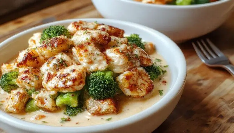 A vibrant bowl featuring grilled chicken slices with a golden-brown exterior, nestled among bright green steamed broccoli florets, all topped with a creamy white sauce. The presentation showcases a colorful, appetizing arrangement with a rustic ceramic bowl and a textured wooden surface background.
