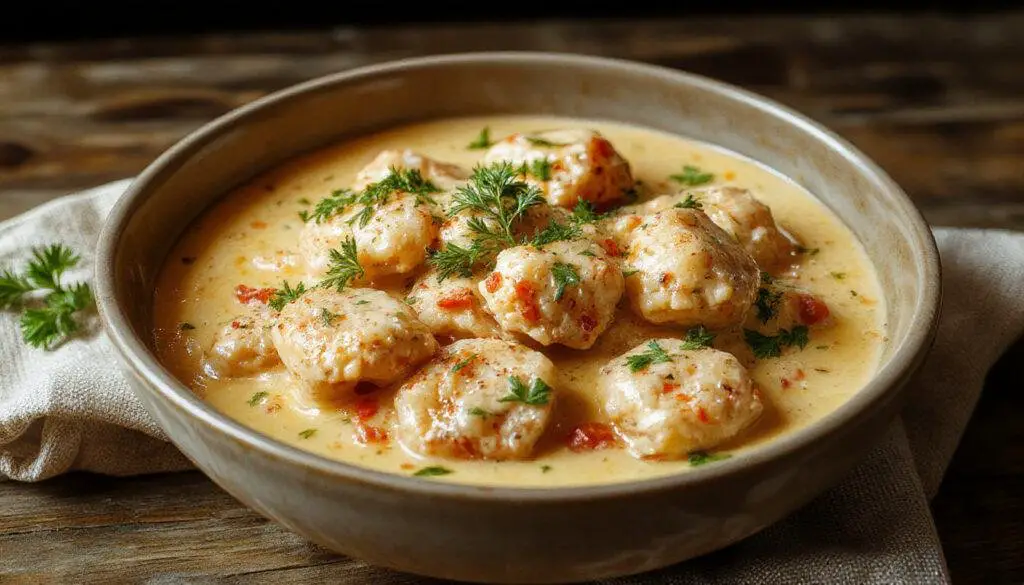 A bowl of Hungarian Chicken Paprikash garnished with fresh parsley, showcasing tender chicken pieces coated in vibrant orange-red paprika sauce, served alongside slices of crusty bread and a dollop of sour cream. The dish is presented on a rustic wooden table with steam rising, highlighting its rich, creamy texture and inviting aroma.
