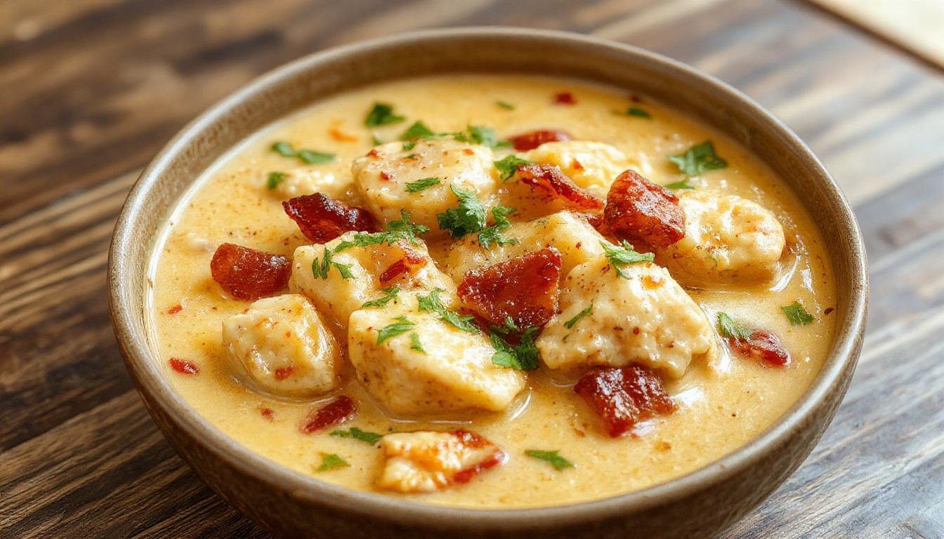 A vivid plate of creamy Indian Butter Chicken featuring tender chicken pieces coated in a rich, orange-hued tomato-based sauce, topped with a swirl of cream and garnished with fresh coriander. The dish is served on a white ceramic plate, with a side of fluffy basmati rice and warm naan bread visible in the background, creating a warm inviting presentation.