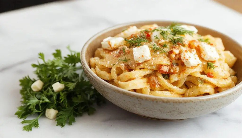 A close-up of a white bowl filled with creamy lemon feta pasta, showcasing al dente pasta coated in a smooth, bright yellow sauce with crumbled feta cheese sprinkled on top, garnished with fresh parsley. The dish has a vibrant, inviting appearance with visible lemon zest and herbs, set against a light wooden table with scattered ingredients.
