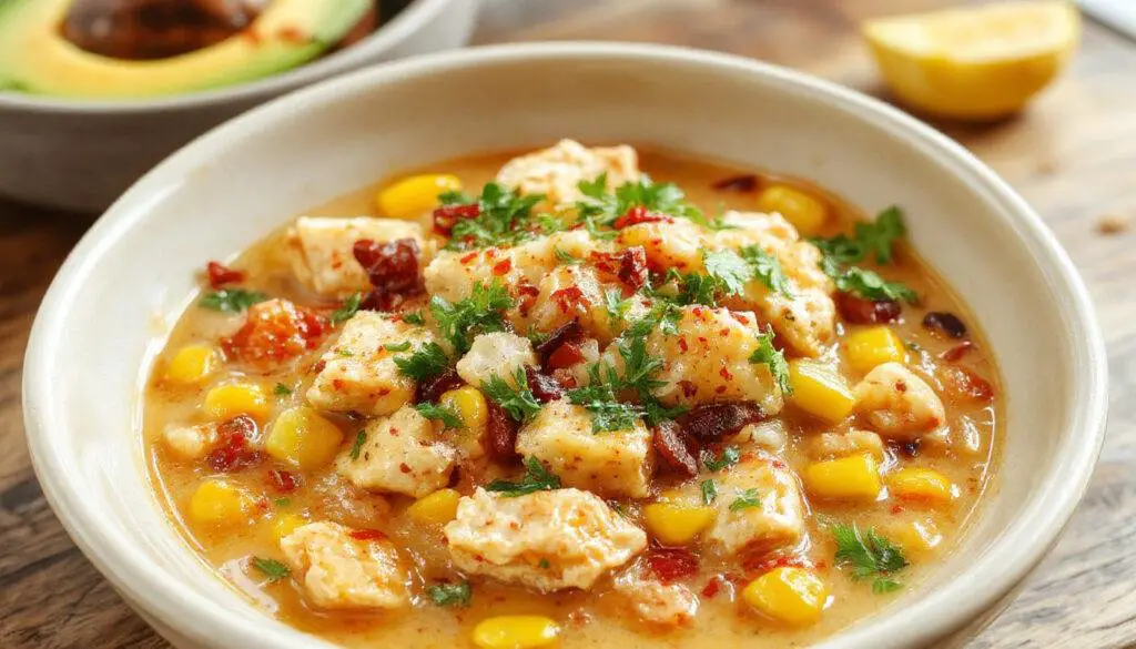 A steaming bowl of creamy Mexican street corn chicken chili topped with fresh cilantro and crumbled queso fresco. The chili has a rich, velvety texture with visible chunks of tender white chicken, sweet corn kernels, and red bell pepper pieces. The vibrant colors of the toppings contrast with the light-colored broth, and the bowl is set on a rustic wooden table with a spoon resting beside it, evoking warmth and comfort.