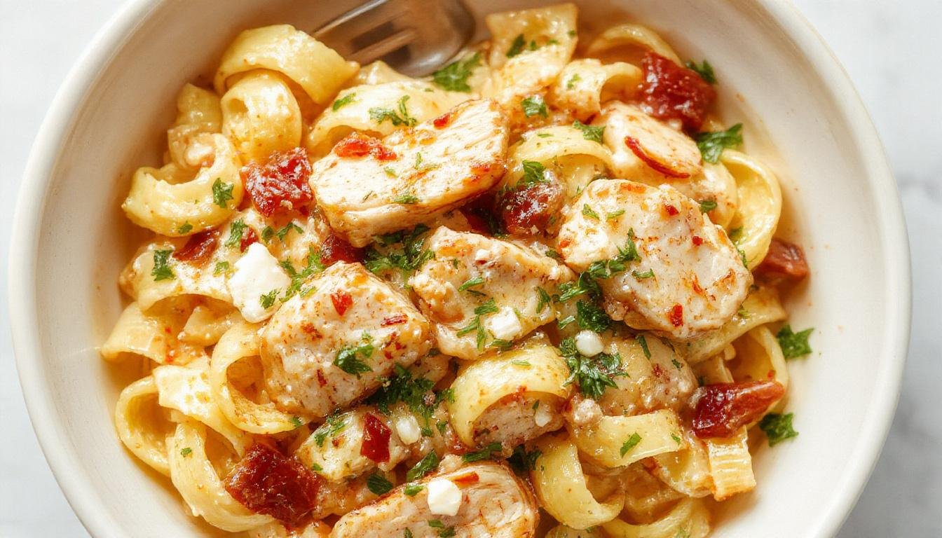 A close-up of a creamy ricotta chicken pasta dish served on a white plate, showcasing tender pasta mixed with a smooth white ricotta sauce, topped with golden-brown cooked chicken pieces, garnished with fresh herbs, and a sprinkle of grated cheese on top. The dish is presented against a rustic wooden background, emphasizing its comforting and hearty appeal.