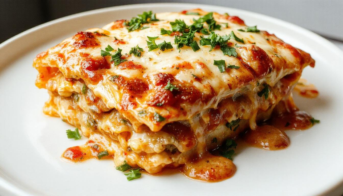 A close-up of a slice of creamy ricotta lasagna on a white plate, showcasing golden-brown melted cheese on top, layers of pasta, creamy ricotta filling, and a garnish of fresh herbs. The background is slightly blurred with a rustic wooden table setting, emphasizing the rich textures and inviting colors of the dish.