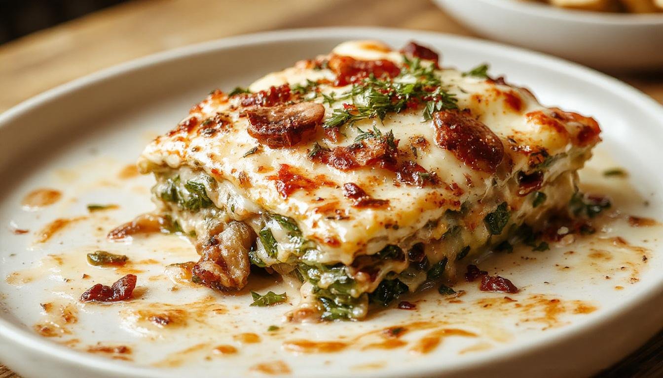 A slice of creamy spinach mushroom lasagna on a white plate, showcasing layers of melty cheese, tender spinach, sautéed mushrooms, and rich sauce, garnished with a sprinkle of fresh herbs.