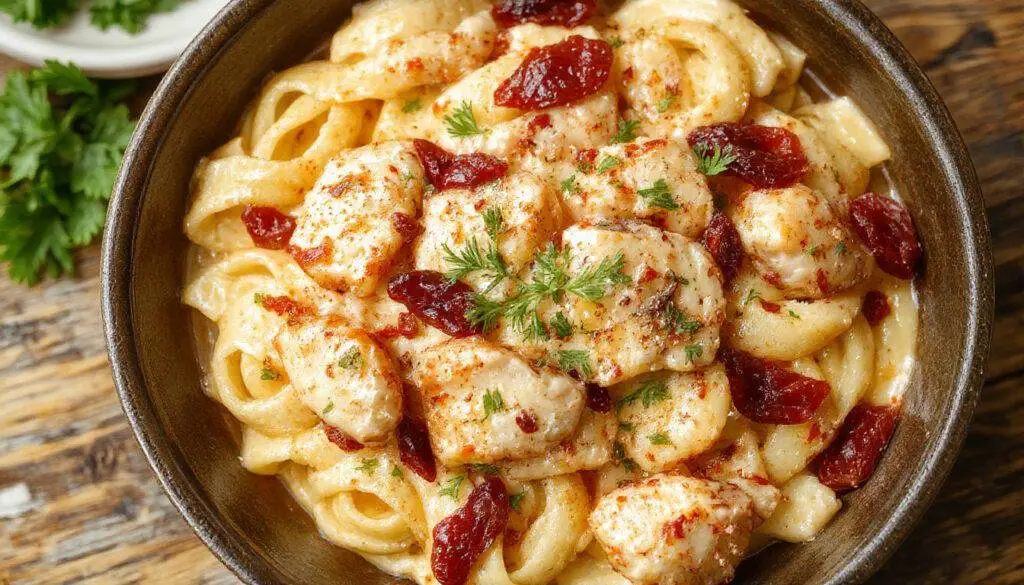 A close-up of creamy chicken pasta plated elegantly, featuring tender chunks of chicken nestled in a vibrant, ruby-colored sun-dried tomato cream sauce, garnished with fresh basil leaves and sprinkled with grated Parmesan cheese, with a fork resting nearby on a rustic wooden table.