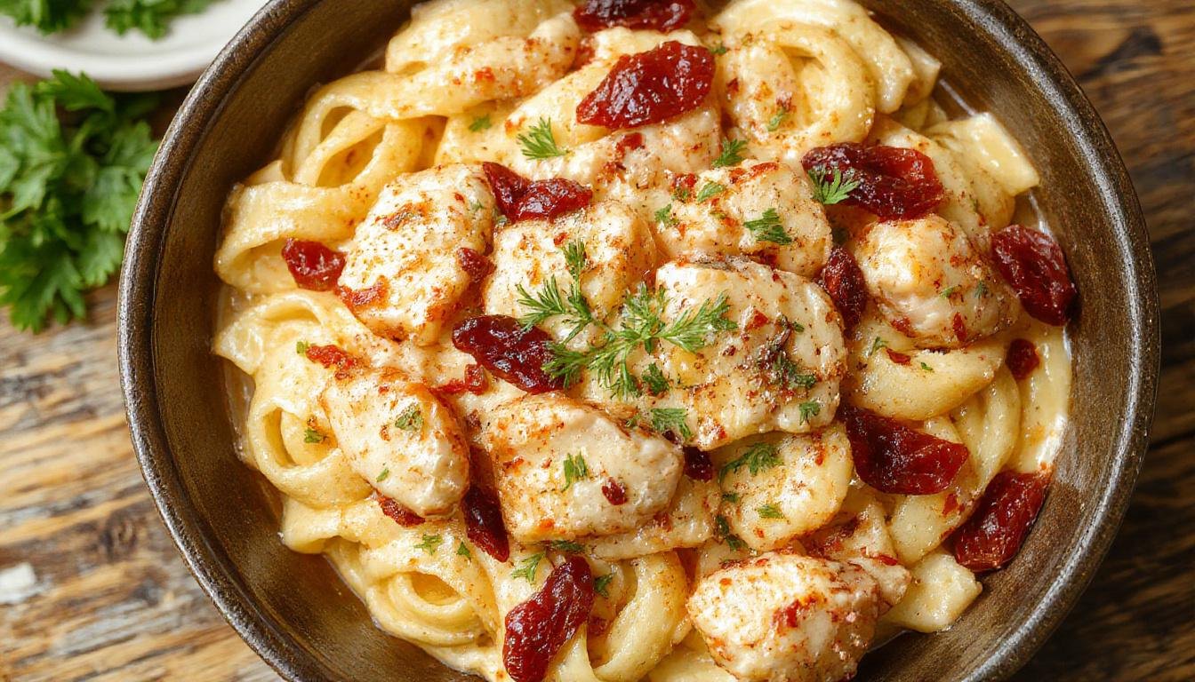 A close-up of creamy chicken pasta plated elegantly, featuring tender chunks of chicken nestled in a vibrant, ruby-colored sun-dried tomato cream sauce, garnished with fresh basil leaves and sprinkled with grated Parmesan cheese, with a fork resting nearby on a rustic wooden table.