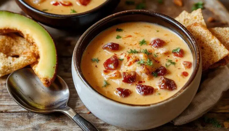 A bowl of creamy taco soup topped with shredded cheese, chopped green onions, and a dollop of sour cream. The soup has a rich, thick texture with visible chunks of ground beef, beans, and corn, garnished with fresh cilantro. The bowl is placed on a rustic wooden table with a spoon beside it, and a backdrop of ingredients like diced tomatoes and bell peppers enhances the inviting presentation.