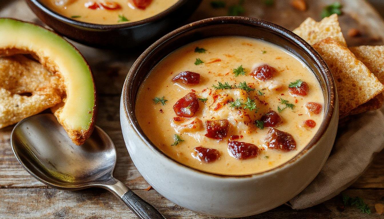 A bowl of creamy taco soup topped with shredded cheese, chopped green onions, and a dollop of sour cream. The soup has a rich, thick texture with visible chunks of ground beef, beans, and corn, garnished with fresh cilantro. The bowl is placed on a rustic wooden table with a spoon beside it, and a backdrop of ingredients like diced tomatoes and bell peppers enhances the inviting presentation.
