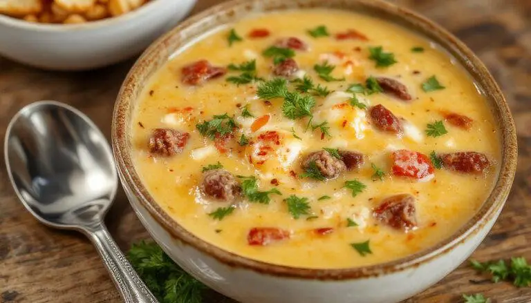 A bowl of creamy taco soup topped with shredded cheese, chopped cilantro, and sour cream, with ground beef and diced vegetables visible. The soup has a rich, smooth texture and is presented in a white ceramic bowl on a rustic wooden table, accompanied by a spoon and a side of crispy tortilla chips.