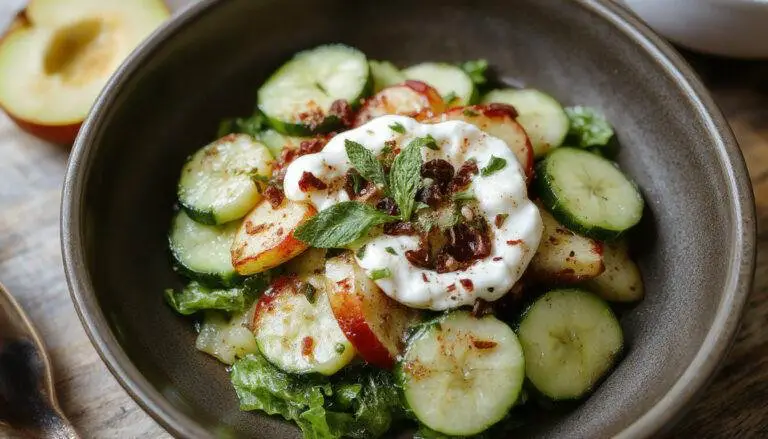 A vibrant plate featuring thinly sliced green cucumbers and crisp apple slices arranged neatly, topped with fresh mint leaves and a dollop of creamy mint yogurt dressing. The salad is presented on a white ceramic plate with a light drizzle of dressing, highlighting the fresh textures and bright colors of the ingredients.