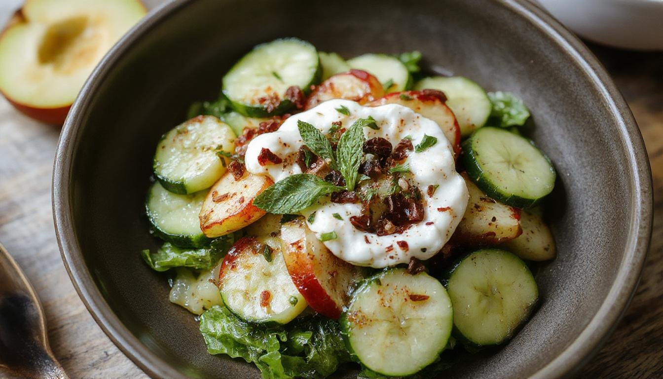 A vibrant plate featuring thinly sliced green cucumbers and crisp apple slices arranged neatly, topped with fresh mint leaves and a dollop of creamy mint yogurt dressing. The salad is presented on a white ceramic plate with a light drizzle of dressing, highlighting the fresh textures and bright colors of the ingredients.
