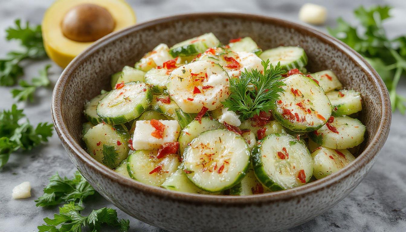 A vibrant Greek cucumber salad in a rustic bowl, featuring thinly sliced crisp cucumbers, bright red cherry tomatoes, thinly sliced red onions, fresh parsley, and crumbles of feta cheese, all drizzled with olive oil and sprinkled with black pepper. The colorful ingredients contrast beautifully, highlighting the salad's freshness and crisp texture.