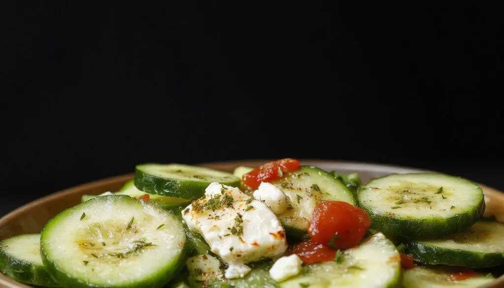 A vibrant bowl of Greek cucumber salad featuring sliced cucumbers, cherry tomatoes, red onion rings, Kalamata olives, and crumbled feta cheese, garnished with fresh herbs, all displayed in a rustic white ceramic bowl on a wooden table with a drizzle of olive oil and a sprinkle of black pepper.