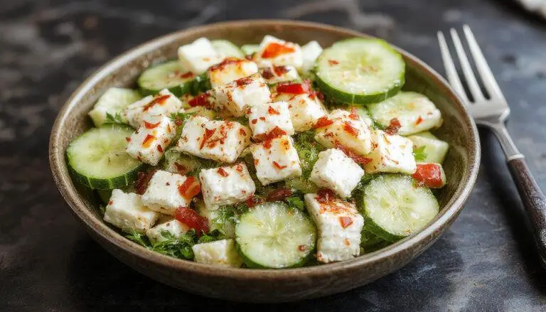 A vibrant cucumber feta salad served in a clear glass bowl, featuring freshly sliced cucumbers, crumbled feta cheese, and a drizzle of lemon vinaigrette, garnished with chopped herbs. The salad's colors include crisp green, white feta, and a hint of yellow glaze from the vinaigrette, arranged attractively with fresh ingredients visible.